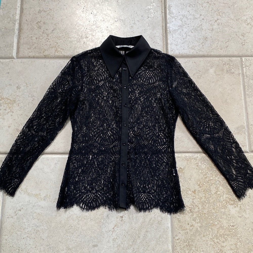 Zara Black Lace Button-Up Blouse with Pointed Collar